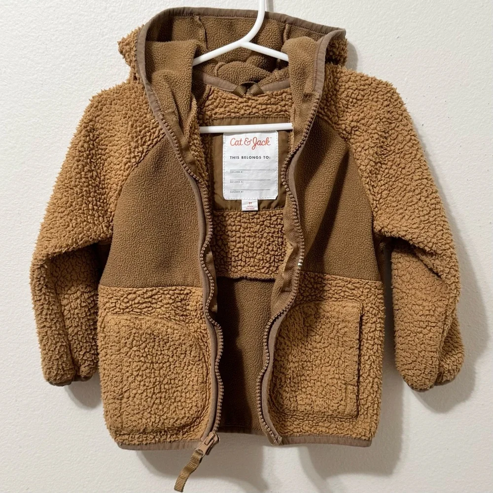 CAT & JACK · TODDLER BOYS' TAN TEDDY FULL ZIP HOODED FLEECE JACKET - 2T - Picture 4 of 5